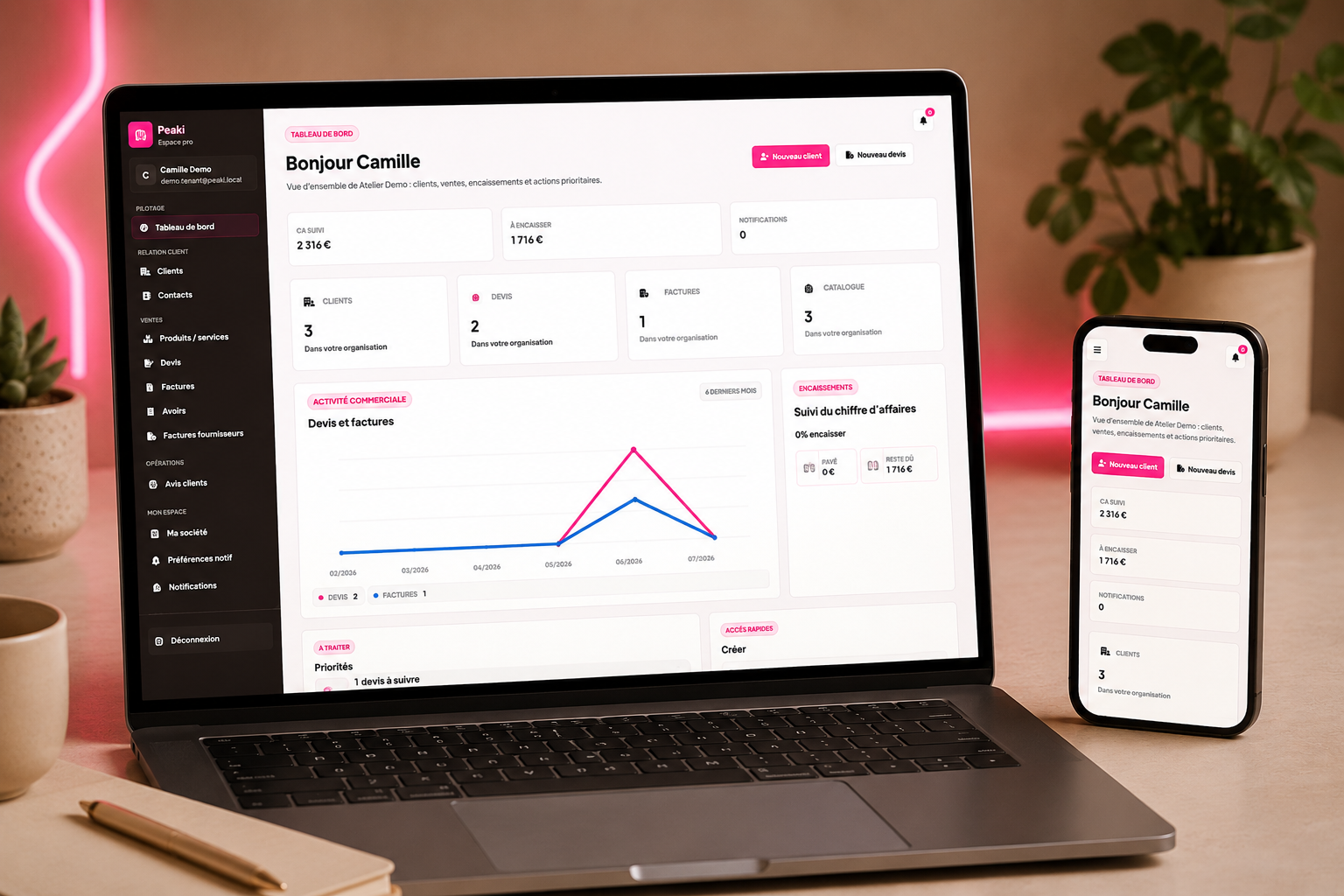 Mockup responsive du tableau de bord CRM Peaki sur ordinateur et smartphone
